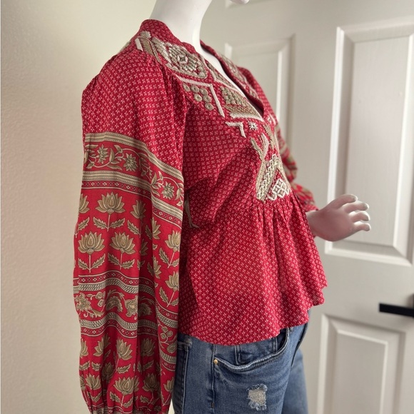 Anthropologie Keira Embroidered Peplum Blouse top shirt v neck Boho Size 8. A25 - Picture 8 of 14